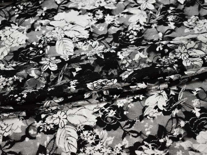 Гипюр черно-белый цветы полиэстер эластан БВ546