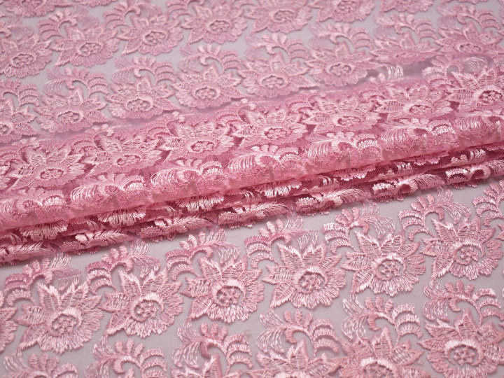 Гипюр розовый цветы полиэстер БА561