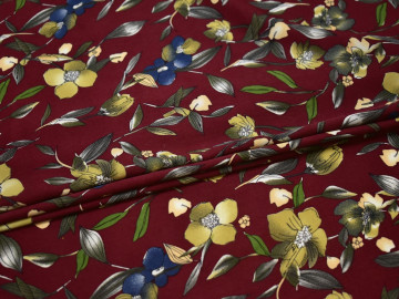 Плательная бордовая ткань цветы узор полиэстер ББ222