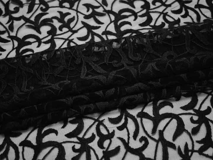 Сетка черная с вышивкой полиэстер БГ624