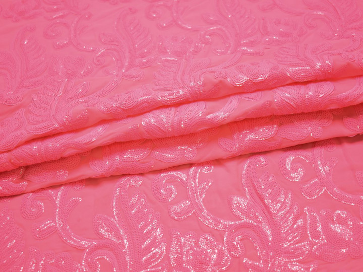 Сетка розовая с пайетками листья полиэстер ГБ461