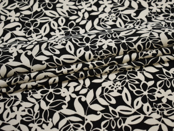 Плательная черная молочная ткань цветы листья полиэстер ЕБ342