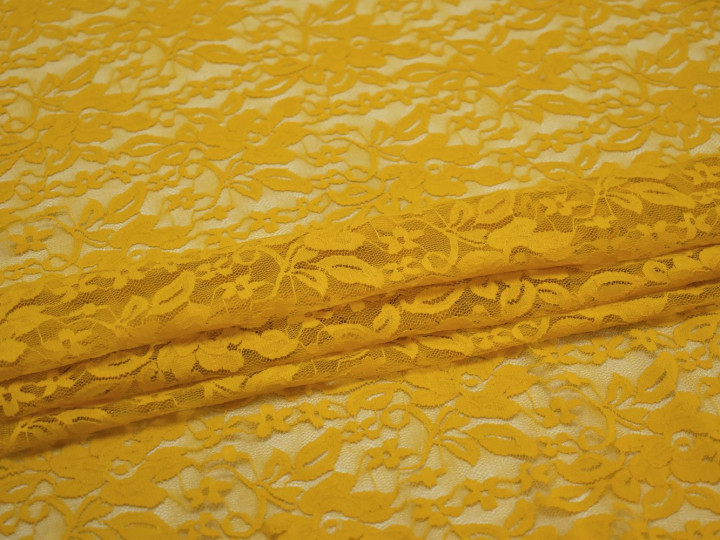 Гипюр желтый цветы листья полиэстер БВ481