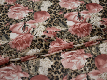 Шифон пудровый коричневый цветы леопард полиэстер ББ478