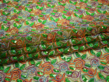 Сетка зеленая оранжевая с вышивкой узор полиэстер ГВ438