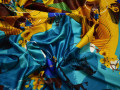 Атлас голубой желтый цветы круги полиэстер ББ529