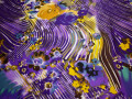 Атлас фиолетовый желтый цветы полоски полиэстер ББ534