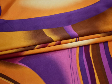 Атлас оранжевый фиолетовый абстрактный узор полиэстер ББ526