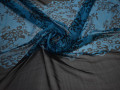 Шёлк-шифон голубой черный цветочный узор ЕВ397