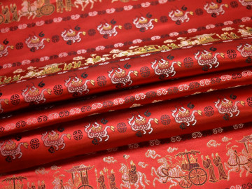 Китайский шёлк красный орнамент люди полиэстер ЕБ2158