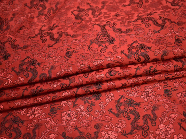 Китайский шёлк красный цветы животные полиэстер ЕБ2152