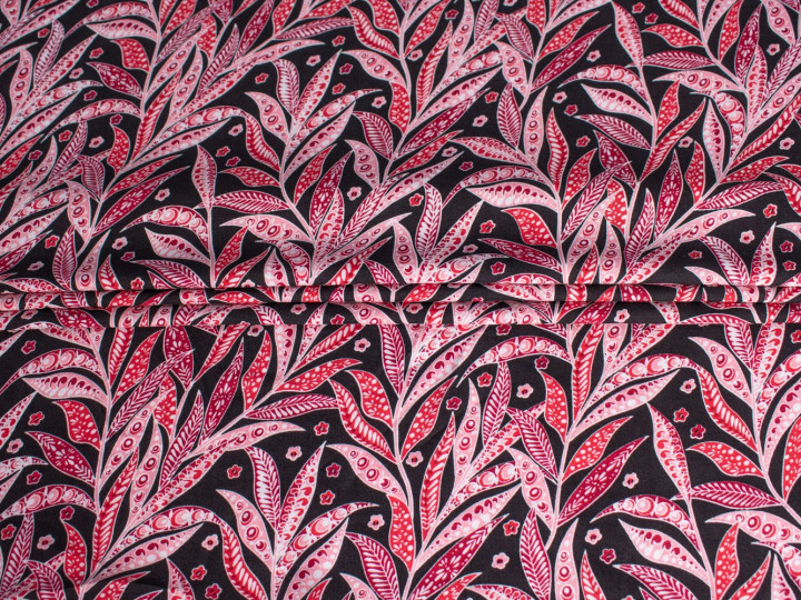 Штапель черный розовый цветочный узор ЕВ2137