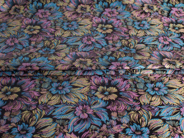 Китайский шёлк чёрный синий цветочный узор ГВ4151