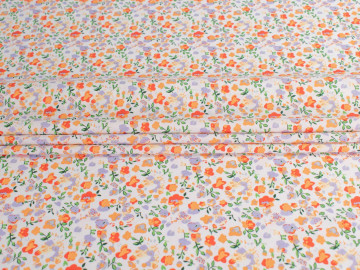 Плательная молочная оранжевая ткань цветы листья ДЕ357